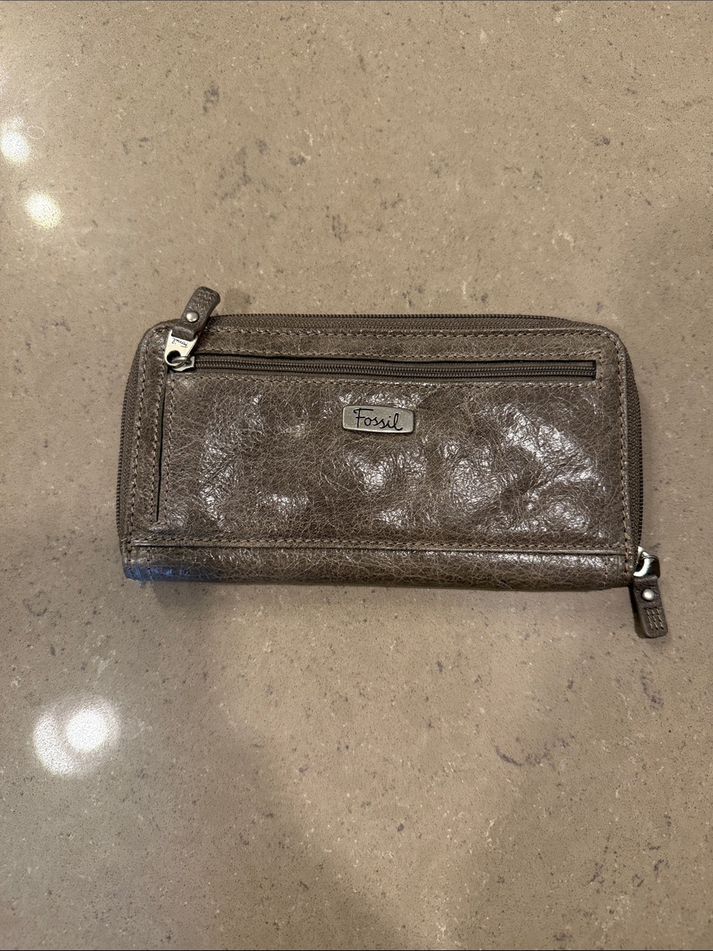 Fossil Metallic Taupe Leather Zip Wallet